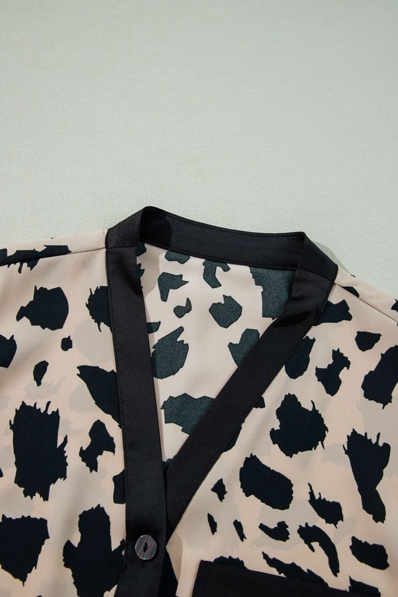 Khaki Cheetah Contrast Trim Loose Fit Two Piece Sleepwear - Love Salve